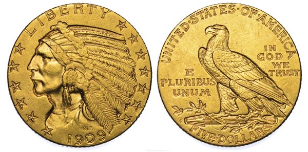 USA. REPUBLIC. 5 Dollars "Indian Head" 1909. Zecca di San Francisco, California.