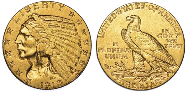 USA. REPUBLIC. 5 Dollars "Indian Head" 1910. Zecca di Philadephia, Pennsylvania.
