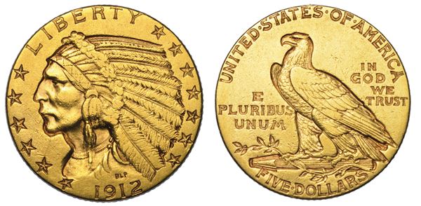 USA. REPUBLIC. 5 Dollars "Indian Head" 1912. Zecca di Philadephia, Pennsylvania.