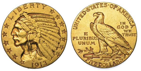 USA. REPUBLIC. 5 Dollars "Indian Head" 1913. Zecca di Philadephia, Pennsylvania.