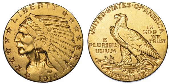 USA. REPUBLIC. 5 Dollars "Indian Head" 1914. Zecca di Philadephia, Pennsylvania.