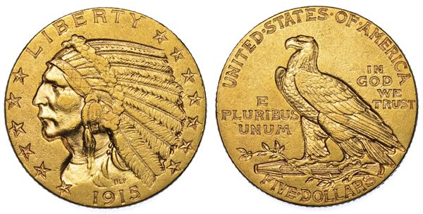 USA. REPUBLIC. 5 Dollars "Indian Head" 1915. Zecca di Philadephia, Pennsylvania.