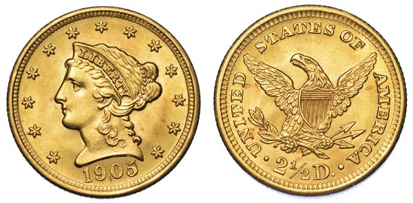 USA. REPUBLIC. 2,5 Dollars “Coronet Head” 1905. Zecca di Philadephia, Pennsylvania.