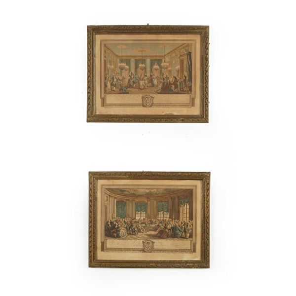 Due stampe decorative con scene di corte, XIX secolo