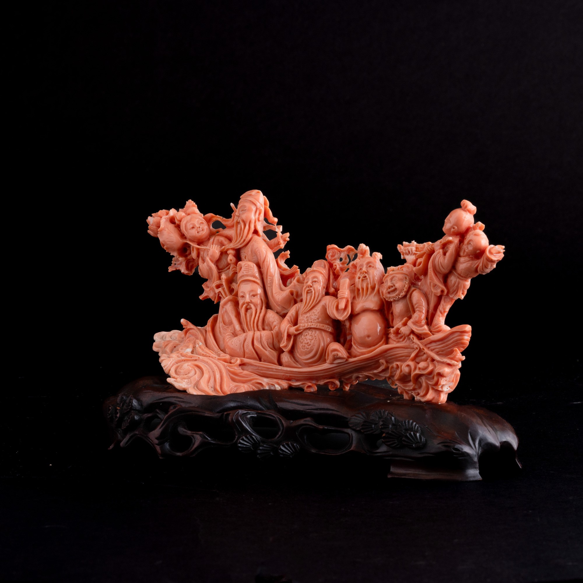 Figura in Corallo Raffigurante Barca con Immortali, Cina, XIX Secolo
