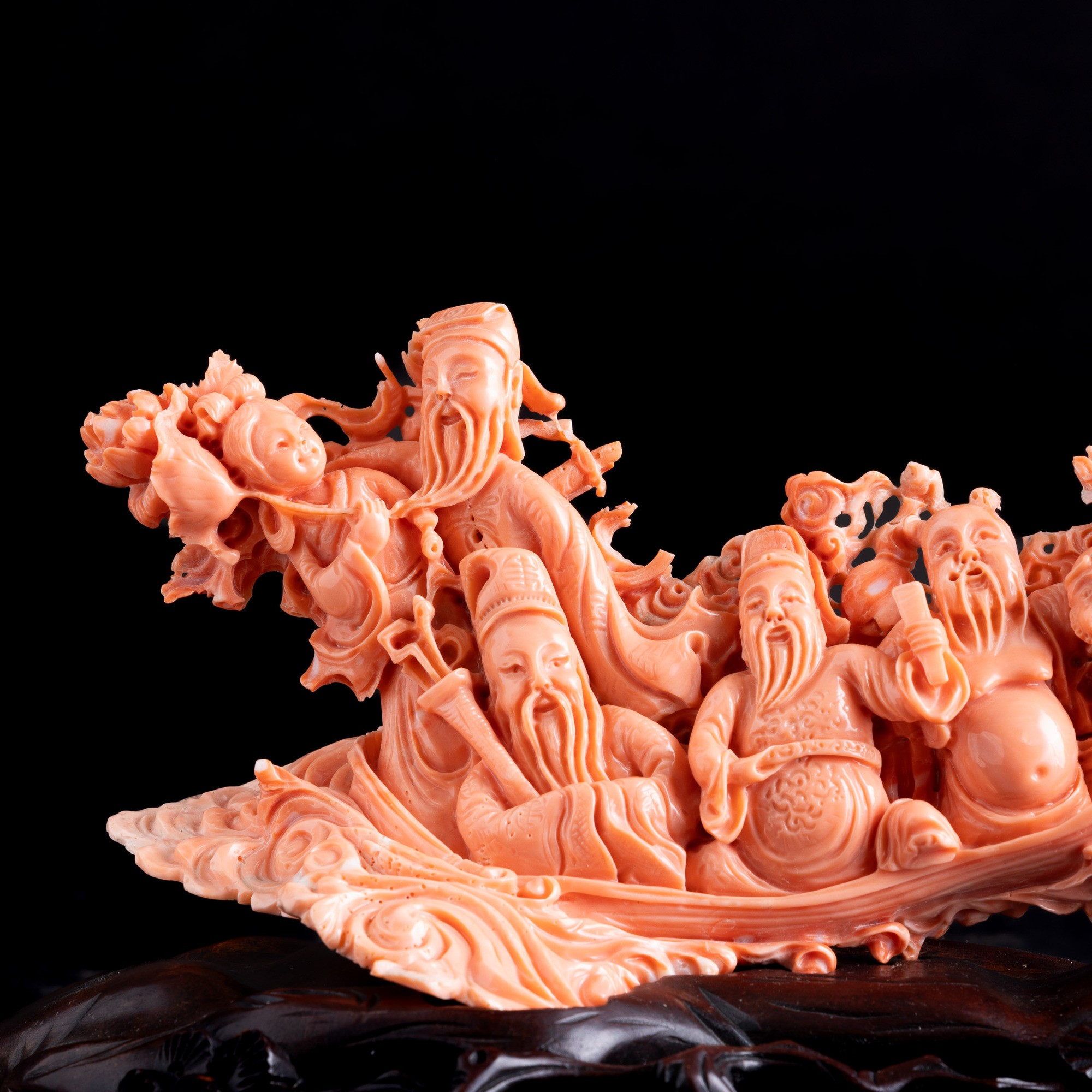 Figura in Corallo Raffigurante Barca con Immortali, Cina, XIX Secolo