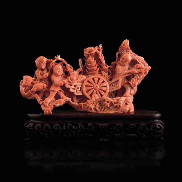 Figura in corallo raffigurante personaggi venditori, Cina, XIX secolo