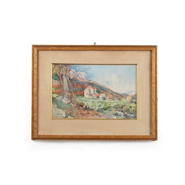 Paesaggio montano con edifici.