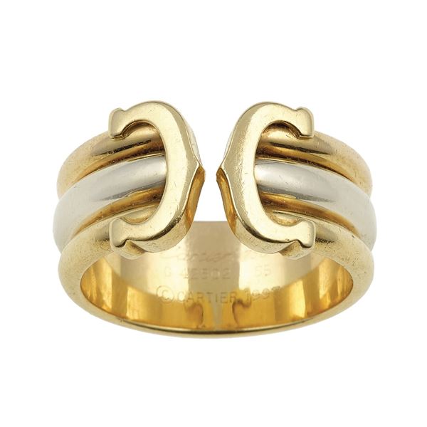 Gold "Double C" ring. Signed and numered Cartier n. 42502. Fitted case