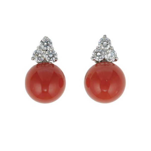 Pair of coral and diamond earrings