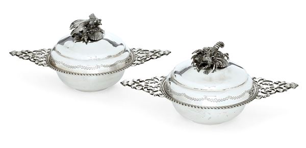 Coppia di legumiere. Sheffield 1908, argentiere Robert & Belk