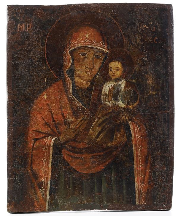 Madonna con Bambino. Icona tempera su tavola. Russia (?) XIX-XX secolo