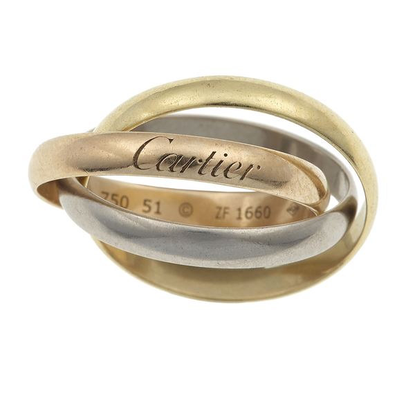 Three gold "Trinity" ring. Signed and numbered Cartier ZF 1660. Fitted case and guarantee