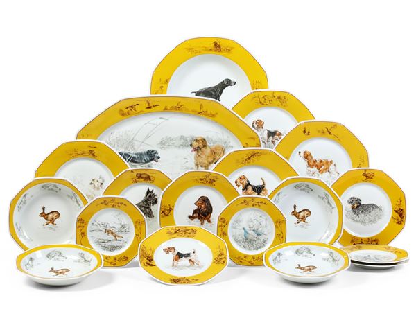 Servizio da tavola Hermès “Chiens courants & Chiens d’arrêt” Francia, Manifattura di Limoges, per Hermès Paris, seconda metà del XX secolo 