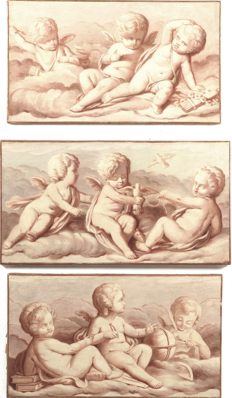Scuola della fine del XVIII-XIX secolo Scene allegoriche con putti  - olio su tela - Asta Dipinti Antichi - Cambi Casa d'Aste
