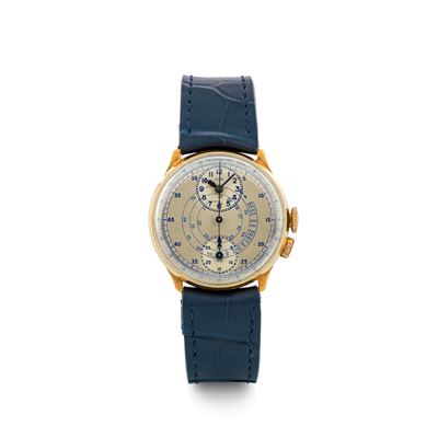 Chrono Monopulsante in Oro Giallo 18k, Quadrante Grigio Satinato Due Contatori Verticali, Circa 1...