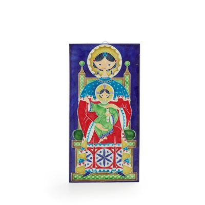 Placca in Maiolica Raffigurante Madonna in Trono con Bambino