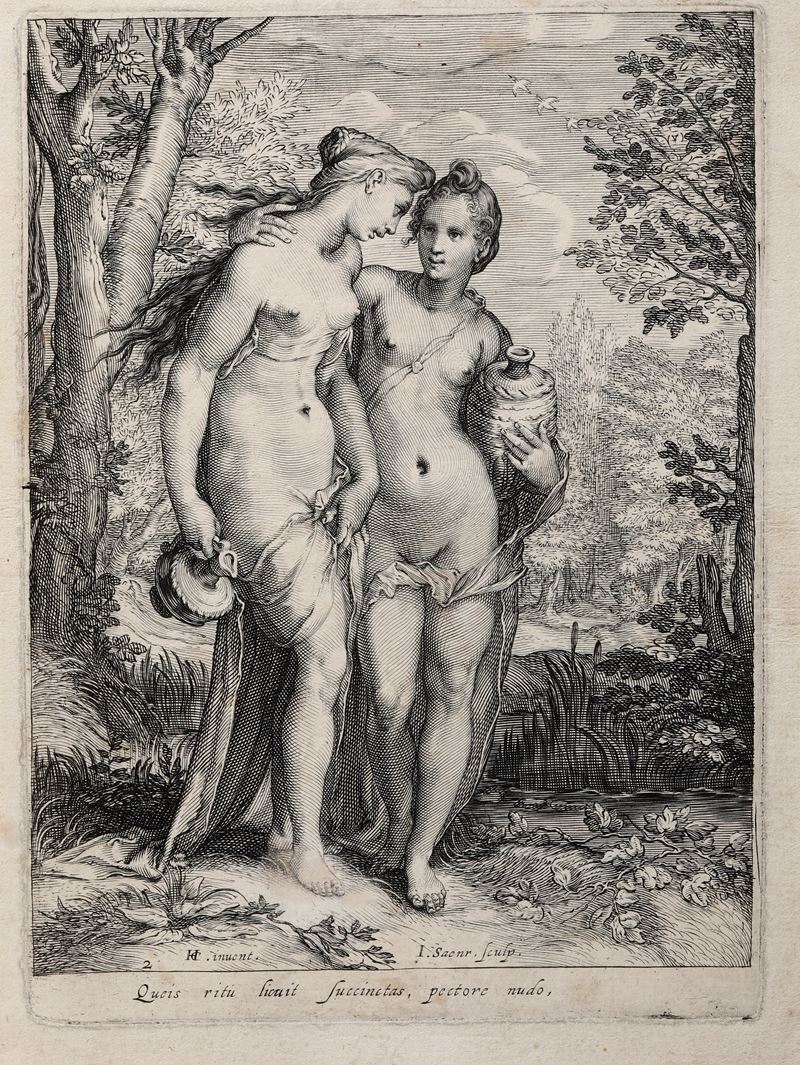Jan Saenredam (Zaandam, 1565 – Assendelft, 1607) da un soggetto di Hendrick Goltzius Le ninfe con brocche   - Asta Stampe - Cambi Casa d'Aste