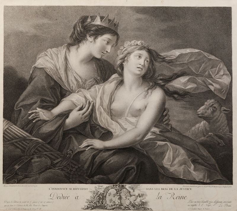 Francesco Bartolozzi da un soggetto di Élisabeth Louise Vigée Le Brun L'innocenza si rifugia tra le braccia della giustizia, 1783   - Asta Stampe - Cambi Casa d'Aste