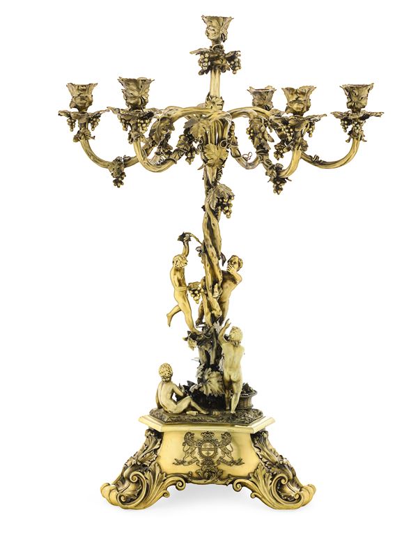 Monumentale candelabro a sei fiamme. Londra 1839, argentiere John Samuel Hunt