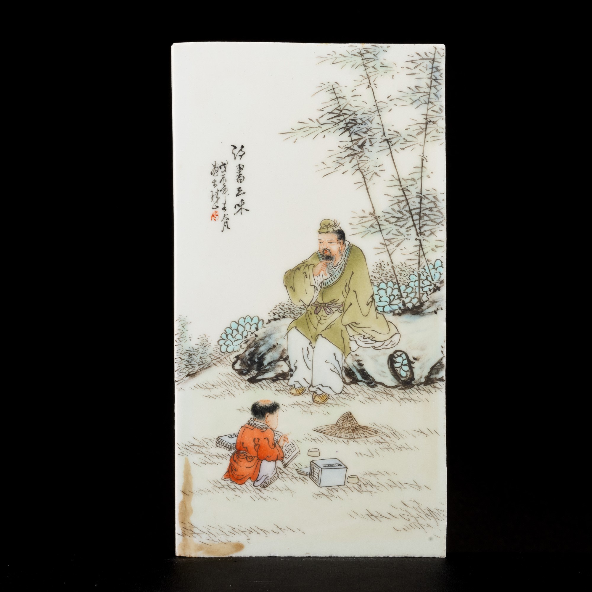Quattro Placche in Porcellana Qian Jiang Raffiguranti Uomini che Giocano e Bambini nello Stile di...