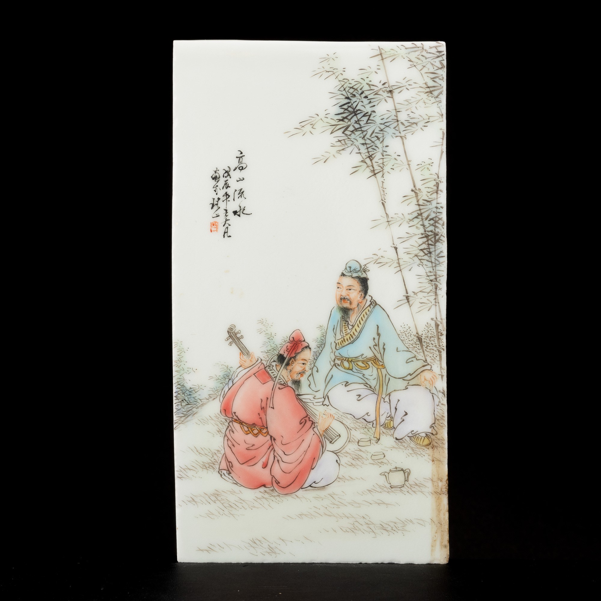Quattro Placche in Porcellana Qian Jiang Raffiguranti Uomini che Giocano e Bambini nello Stile di...