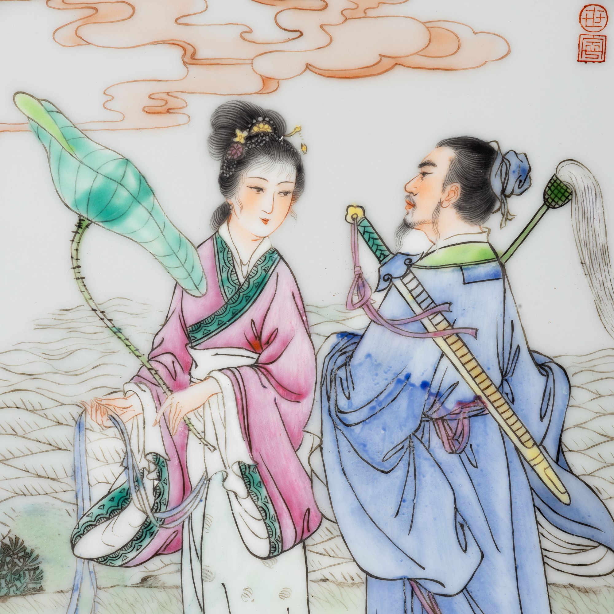 Cina, Placca in porcellana “Famiglia Rosa” con scena di vita comune e iscrizioni, XX secolo