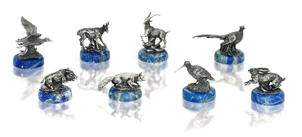 Otto segnaposto animalier. Argenteria italiana del XX secolo