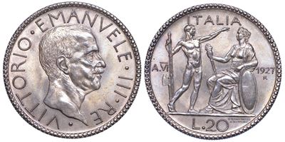 Regno D’italia. Vittorio Emanuele III di Savoia, 1900-1946. 20 Lire 1927/a. Vi. Littore.