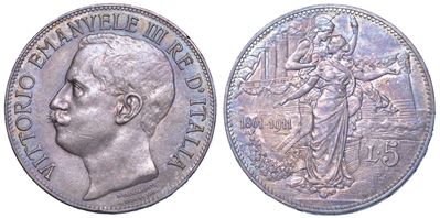 Regno D’italia. Vittorio Emanuele III di Savoia, 1900-1946. 5 Lire 1911. Cinquantenario.