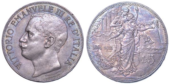 REGNO D’ITALIA. VITTORIO EMANUELE III DI SAVOIA, 1900-1946. 5 Lire 1911. Cinquantenario.