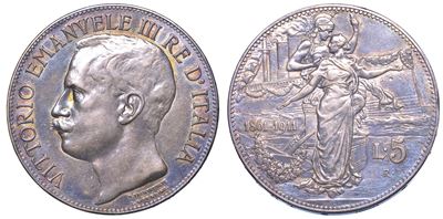 Regno D’italia. Vittorio Emanuele III di Savoia, 1900-1946. 5 Lire 1911. Cinquantenario.