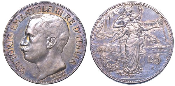 REGNO D’ITALIA. VITTORIO EMANUELE III DI SAVOIA, 1900-1946. 5 Lire 1911. Cinquantenario.