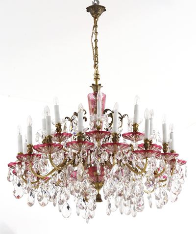 Grande Lampadario in Bronzo Dorato e Cristalli a 24 Luci