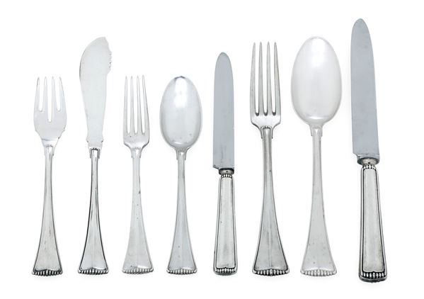 Servizio di posate. Argenteria italiana del XX secolo, marchio con fascio littorio in uso dal 1935 al 1945, argentiere Cesa, Alessandria