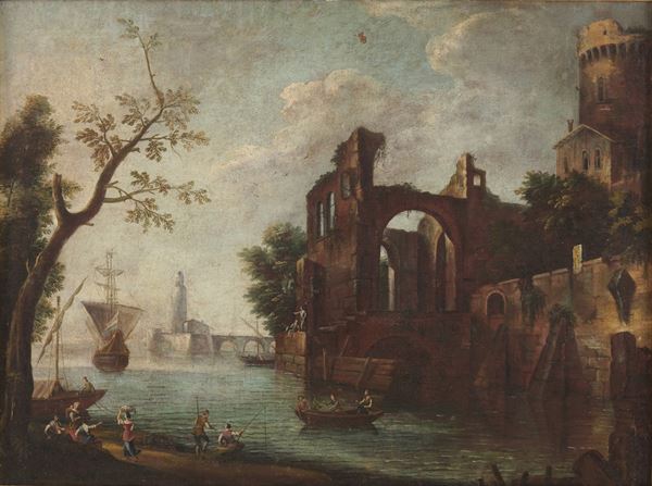 Scuola del XVIII secolo Paesaggio costiero con figure e architetture