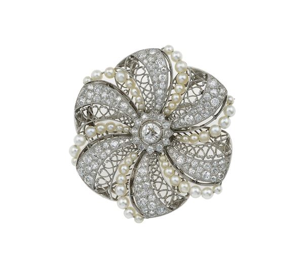 Diamond, pearl and platinum brooch