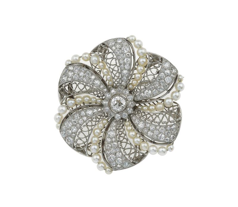 Diamond, pearl and platinum brooch  - Auction Fine Jewels - Cambi Casa d'Aste