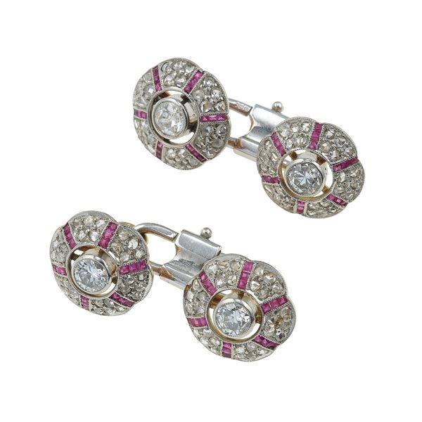 Pair of diamond, ruby and gold cufflinks. Mark 26AL (Illario Carlo & F.lli s.p.a. - Valenza)