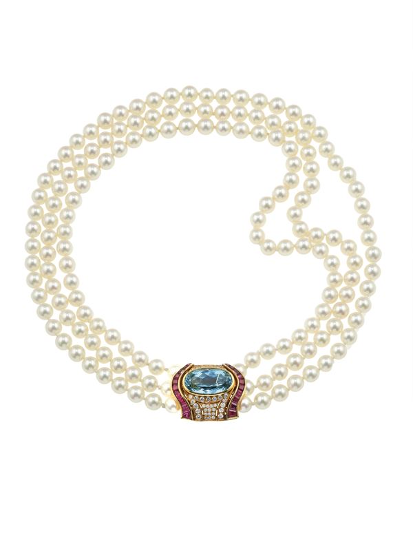 Cultured pearl, aquamarine, diamond and ruby necklace