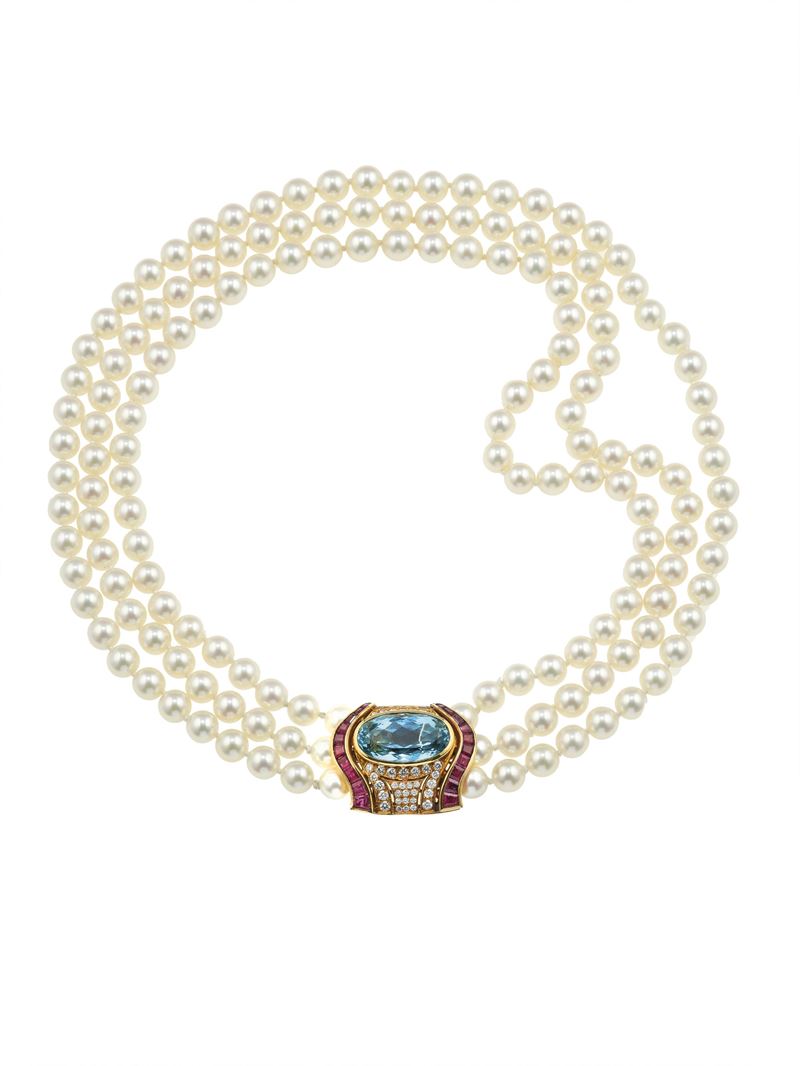 Cultured pearl, aquamarine, diamond and ruby necklace  - Auction Fine Jewels - Cambi Casa d'Aste