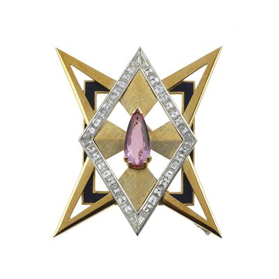 Spilla in oro 750/1000 con diamanti, smalto e topazio rosa