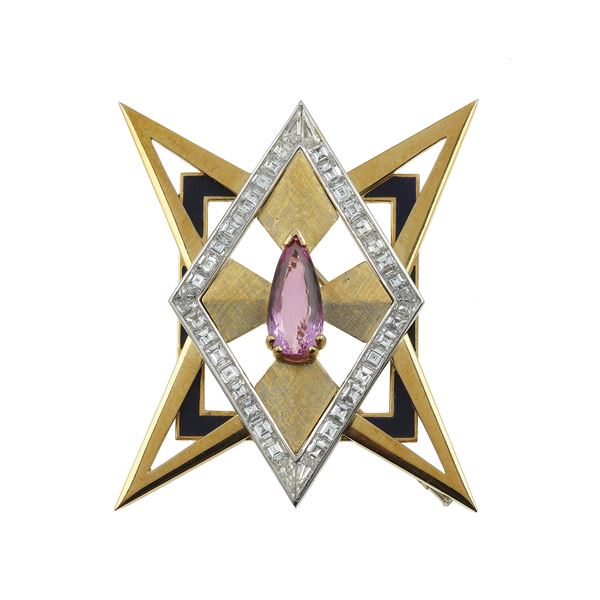 Diamond, enamel, pink topaz and gold brooch