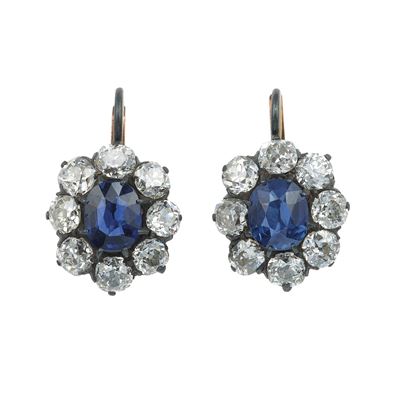 Orecchini con diamanti e zaffiri (Sri Lanka), montatura in argento e oro giallo 750/1000