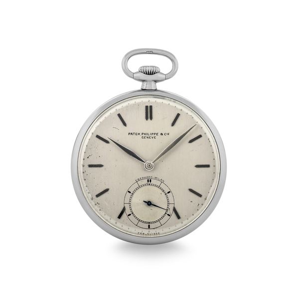 Patek Philippe - Openface pocket watch ‘Eberhard Milano’ in steel, F. Borgel case, satin silver dial, 47 mm