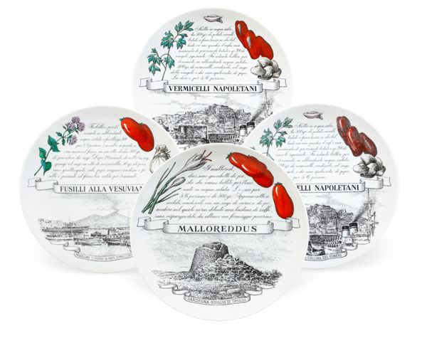 Quattro piatti "Piatti tipici regionali" Milano, Fornasetti, 1950 circa