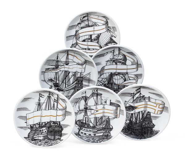 Sei sottobicchieri "Velieri". Milano, Manifattura Fornasetti, 1950 circa.