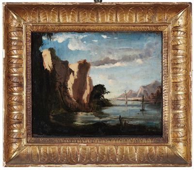 Scuola del XIX secolo, Paesaggio lacustre, olio su tela