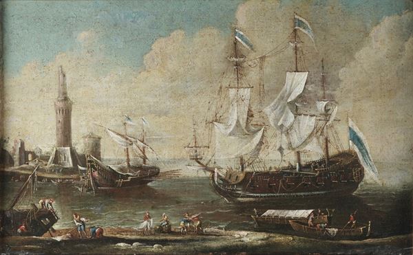 Scuola delle fine del XVIII-inizio del XIX secolo Veduta di porto con figure e velieri