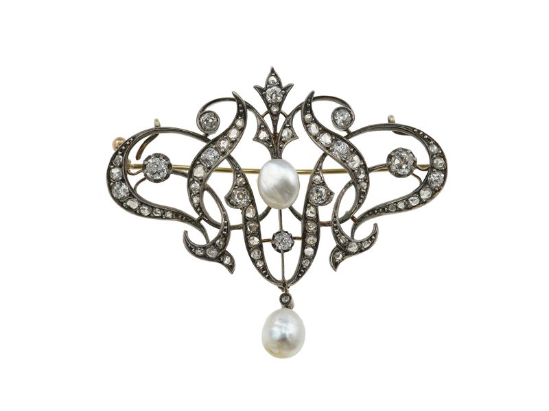 Spilla con diamanti di vecchio taglio e perle  - Asta Fine Jewellery - Cambi Casa d'Aste